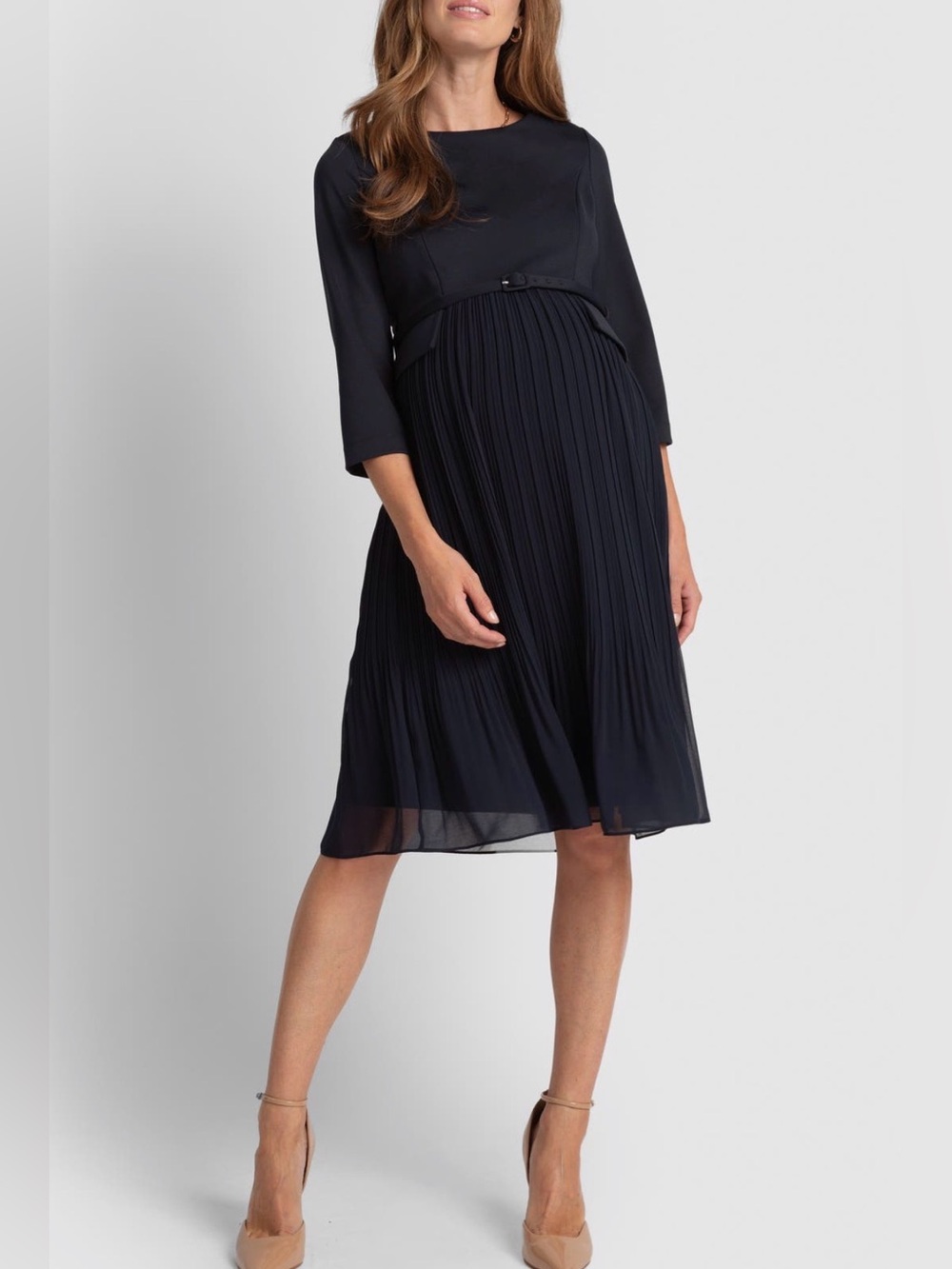 Seraphine Navy Pleated Maternity Midi Dress